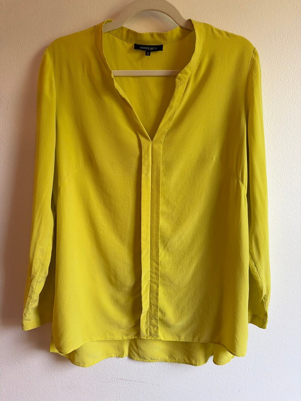 Lafayette 148 NY Chartreuse Yellow 100% Silk V-Neck Blouse Top | Size 12